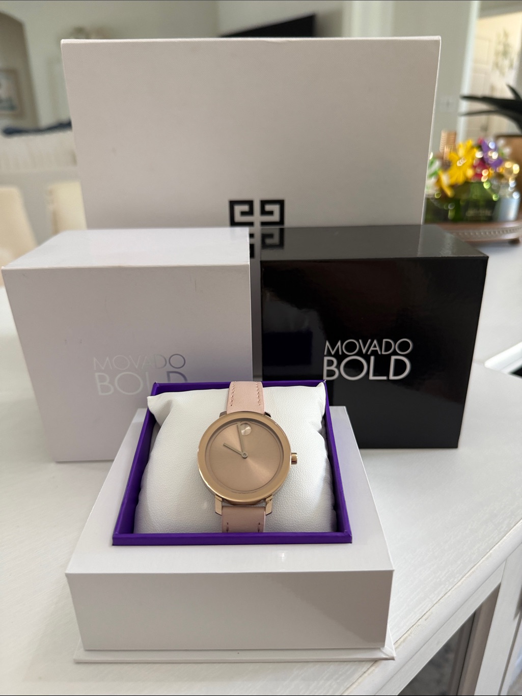 Movado Bold Rose Gold Case With Light Pink Leather Strap